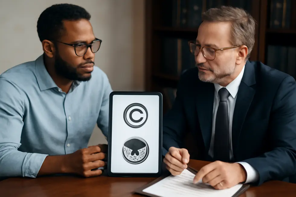 An infographic illustrating the key differences between copyright and trademark protections as they relate to logo designs.