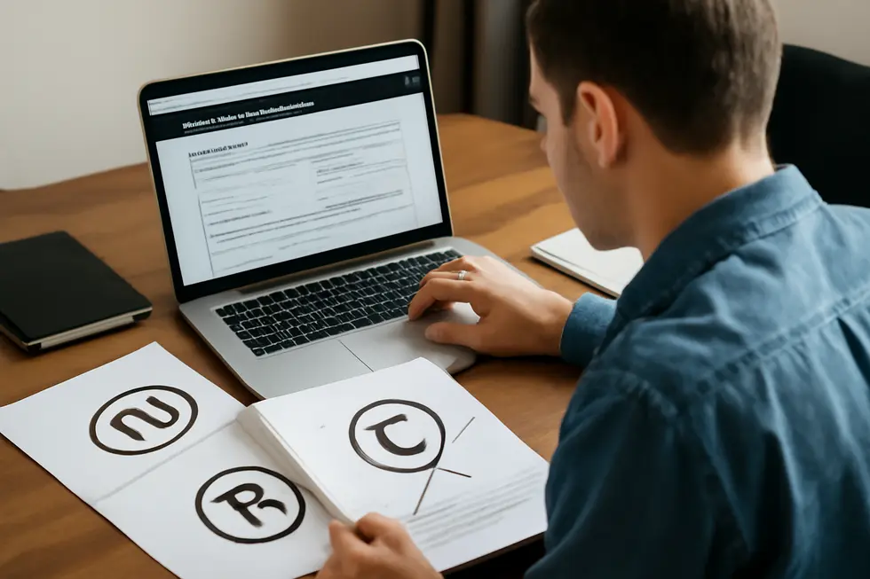 Visual comparison showing a business name protected by trademark versus creative works protected by copyright.