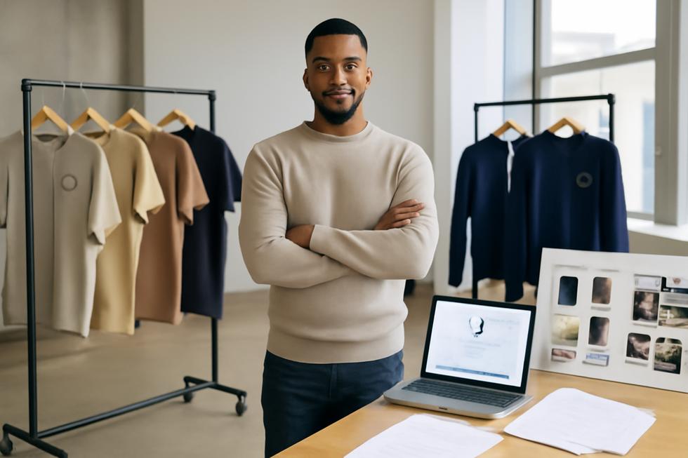 Business owner in workspace with clothing racks, laptop showing trademark registration, and marketing materials representing brand registration process.