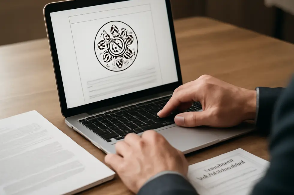 A business owner digitally registers a logo copyright through the U.S. Copyright Office’s online system.