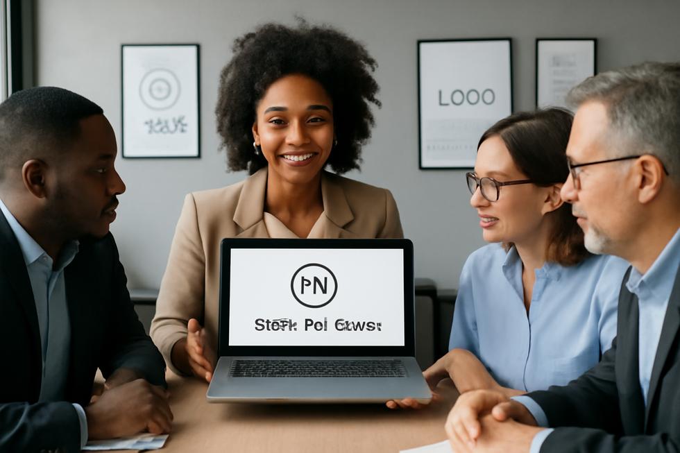 Group of business professionals in office viewing trademark registration form on laptop with branding visuals around.