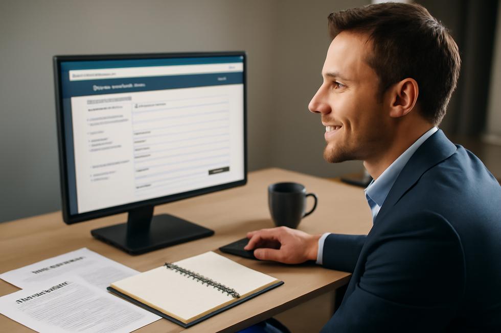 Business owner viewing USPTO trademark registration portal on computer in a professional office setting.
