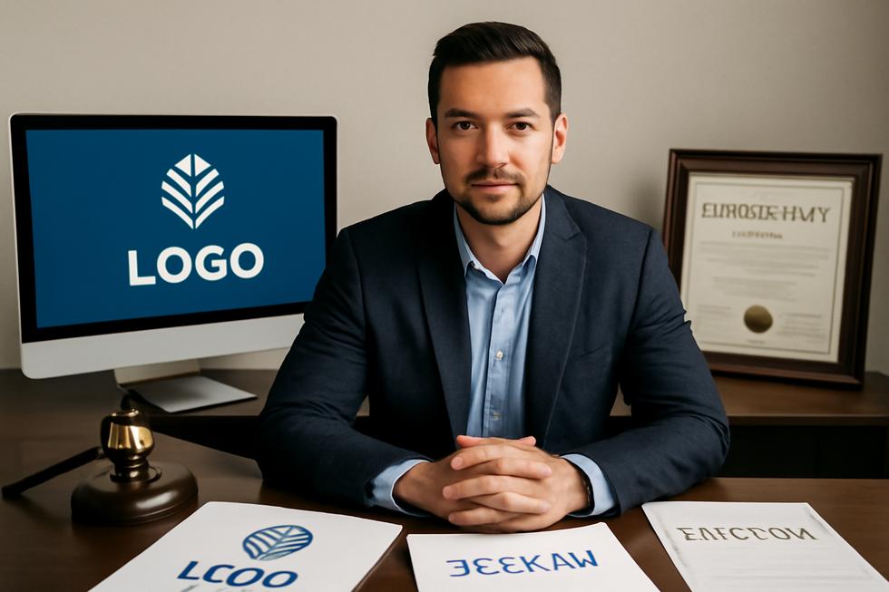 Business owner at desk with brand logos and legal certificates symbolizing trademark registration.