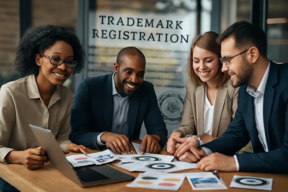 Entrepreneurs reviewing branding documents with digital trademark certificate and USPTO emblem overlay.