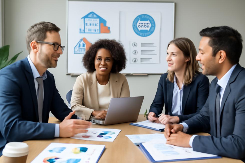 Business professionals around a table with documents and presentations focused on registered name examples and legal guidelines.