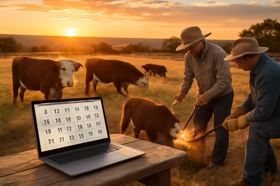 Cattle grazing on a ranch at sunset with ranchers branding cattle and a laptop showing a digital brand registry application.