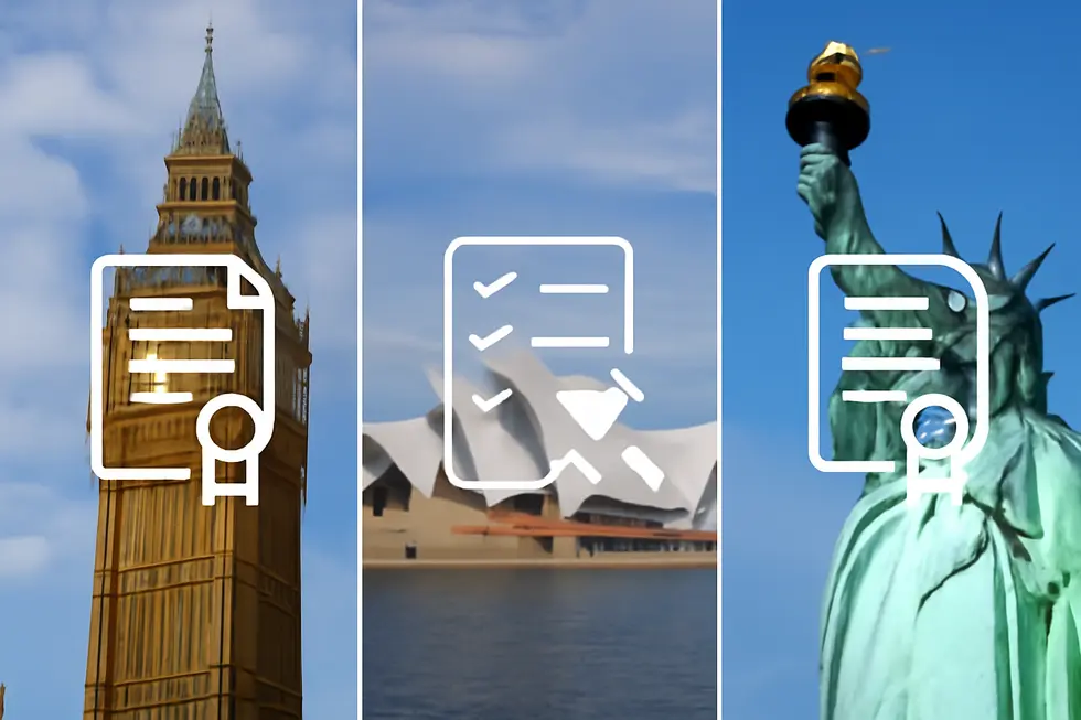 Visual representing the diverse processes of registering business trading names across the UK, Australia, and the US.