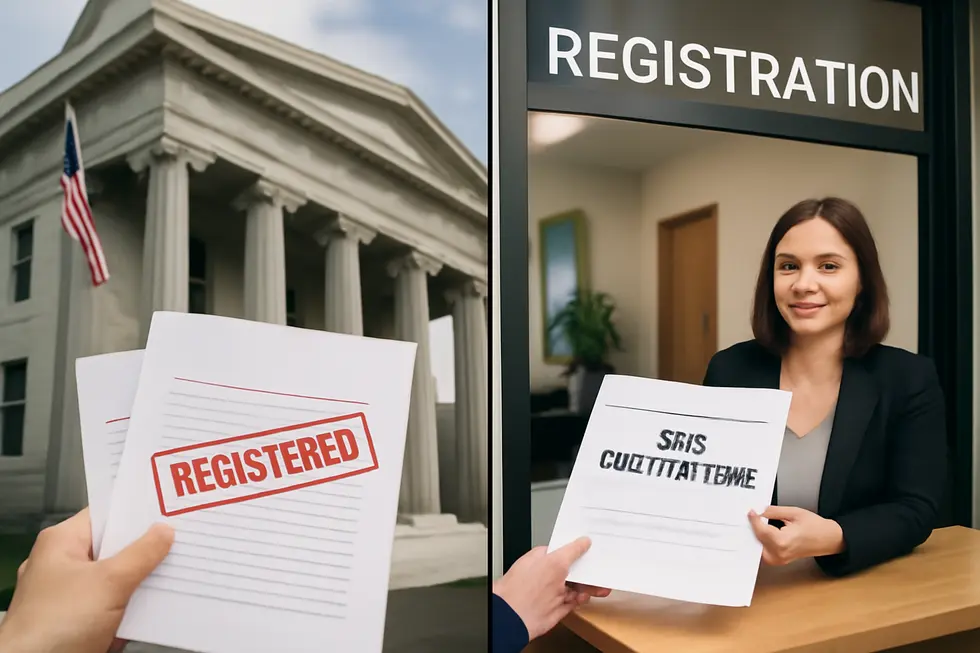 Illustration contrasting the formal legal business name with the public-facing trade name.
