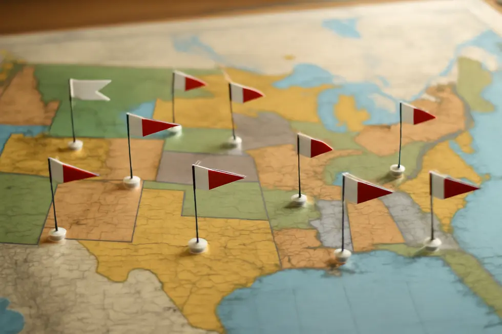 Map showing various states with identical business names represented, highlighting uniqueness in registration.