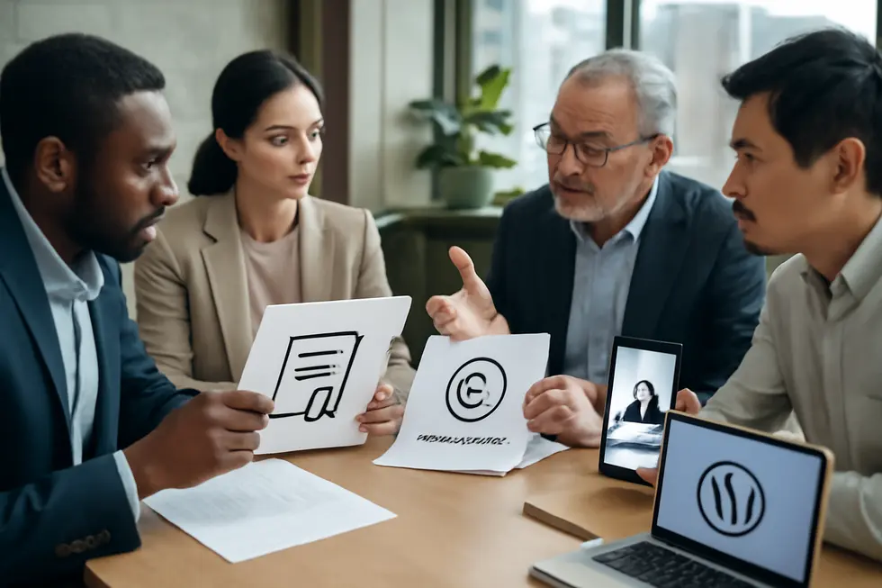 Business professionals reviewing various intellectual property types, highlighting the broad scope of IP and the specific nature of patents.