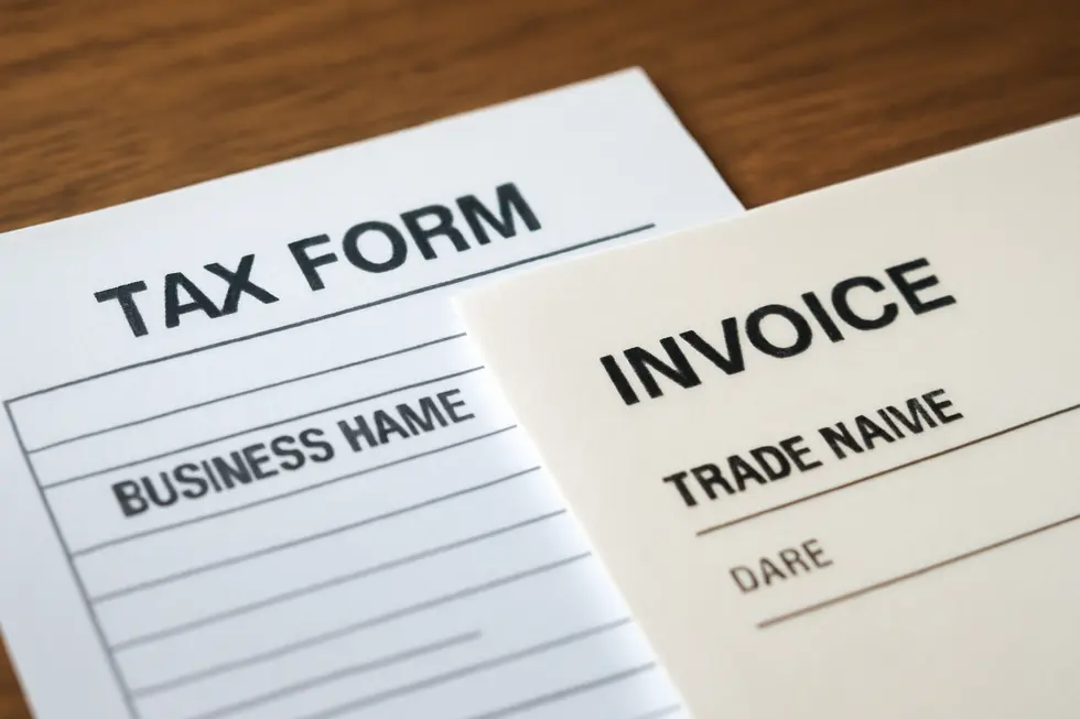 Illustration contrasting the formal legal business name with the public-facing trade name.
