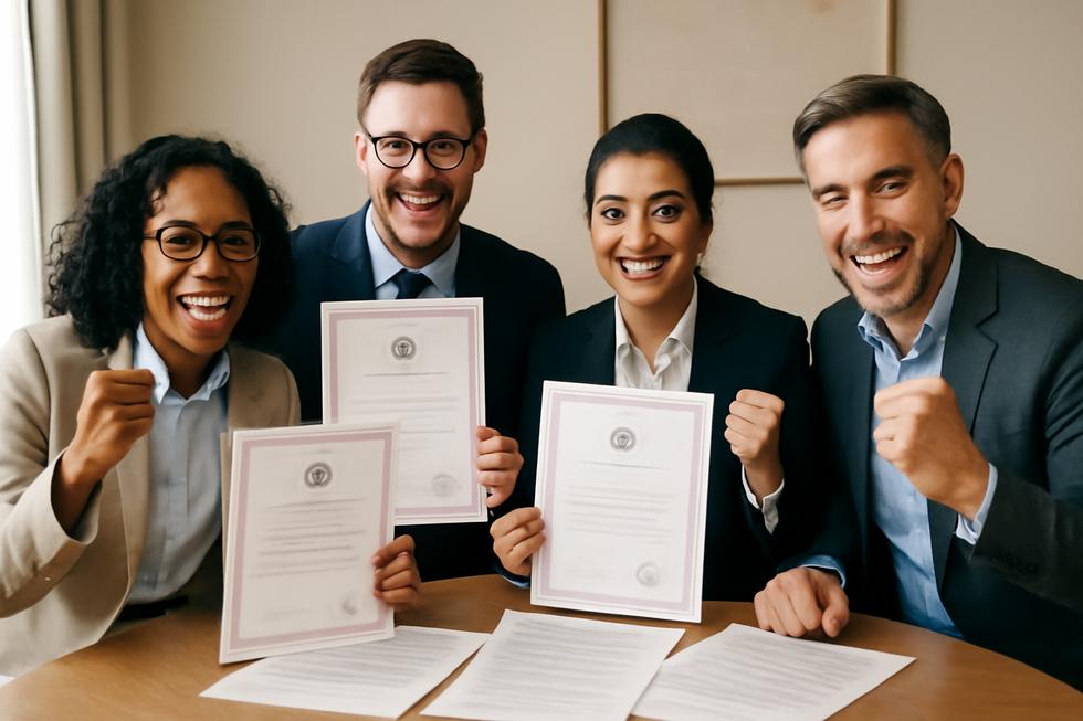A diverse team celebrating the successful registration of their trademarks, displaying certificates and legal documents.