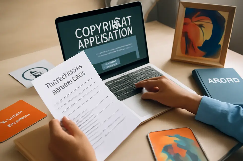 A business owner navigating patent application documents and the USPTO electronic filing system, illustrating the steps and international scope of patent filing.