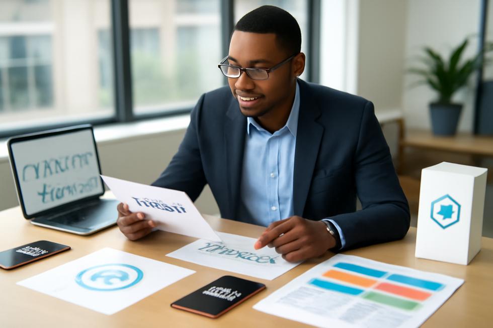 A business owner reviewing trademark documents surrounded by logos, sound waves, and classification charts in a modern office.