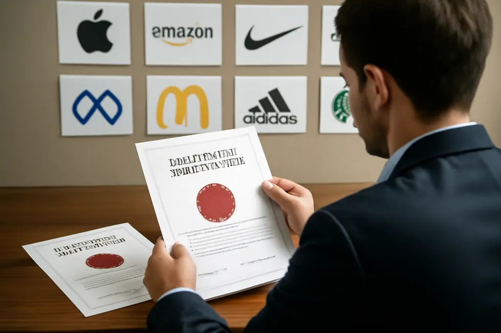 Business owner reviewing trademark registrations to protect intellectual property logos as brand identifiers.