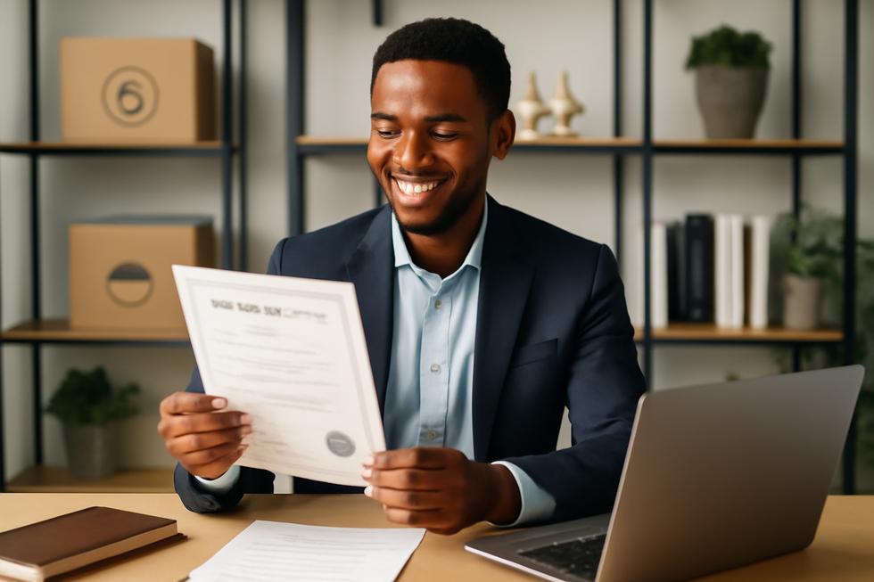 A business professional reviewing their trademark registration certificate in a modern office.