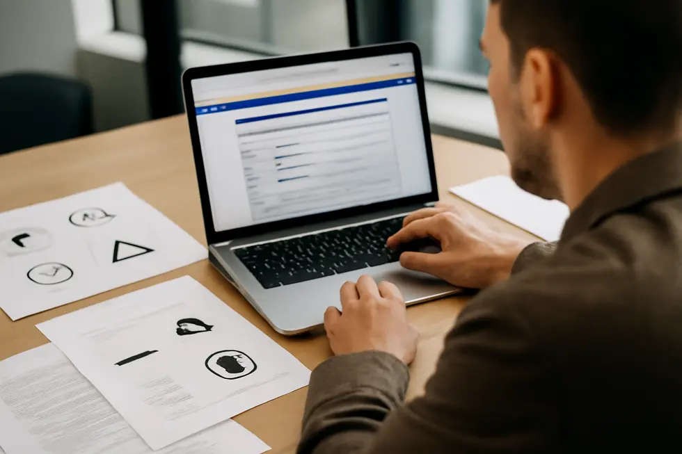 A business owner conducting a thorough trademark search and preparing application materials to register a clothing brand.