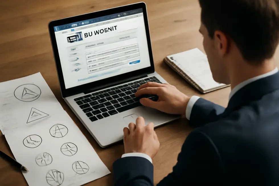 Business owner reviewing trademark registrations to protect intellectual property logos as brand identifiers.