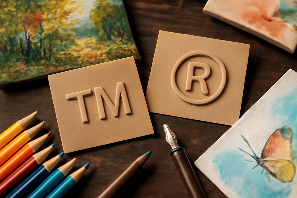 A cover image showing trademark symbols juxtaposed with various artworks symbolizing copyright protection.