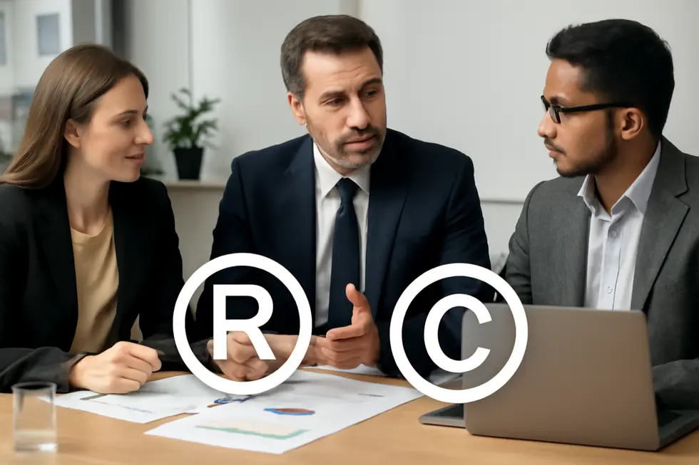 An illustration showing the contrast between trademark symbols and original creative works.