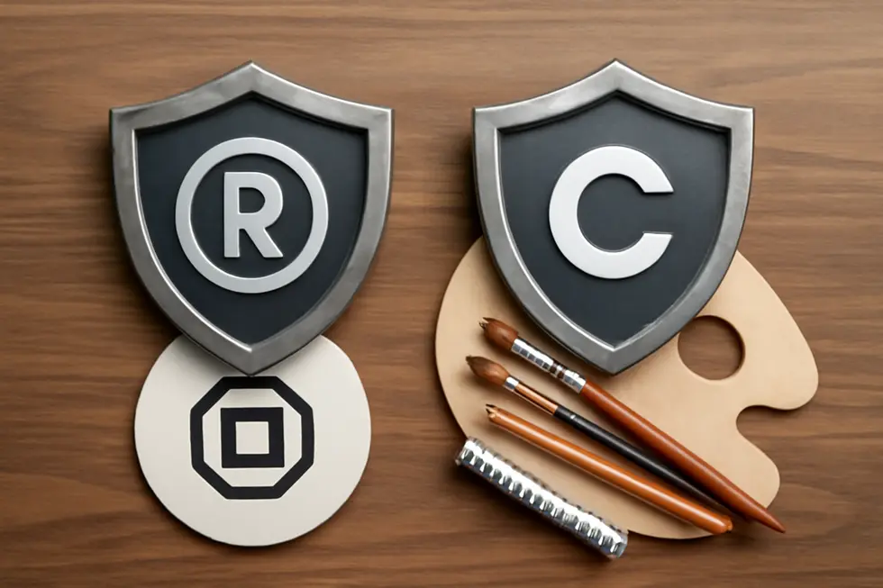 An illustration showing the contrast between trademark symbols and original creative works.