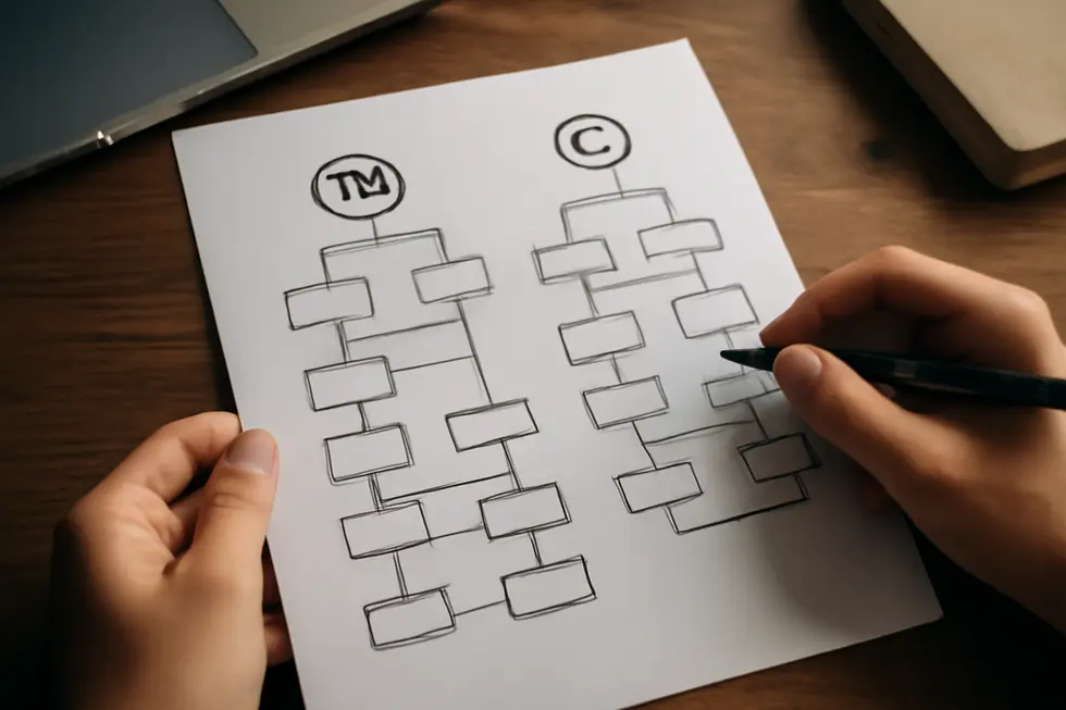 An illustration showing the contrast between trademark symbols and original creative works.