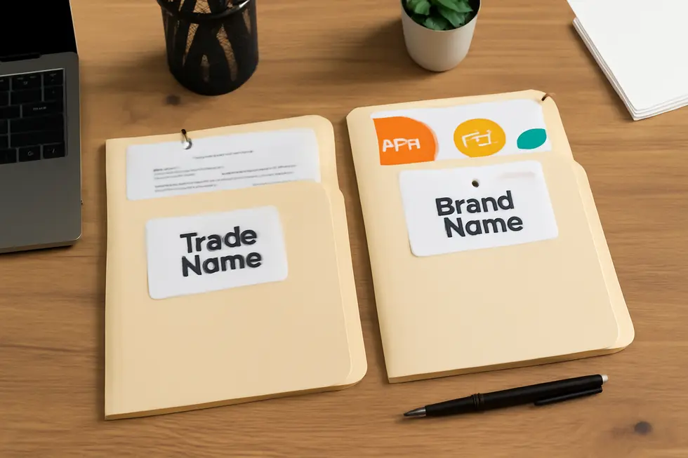 Visualizing the core difference between trade names and brand names through official and marketing materials.