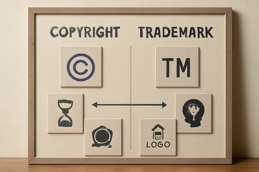 An infographic illustrating the key differences between copyright and trademark protections as they relate to logo designs.