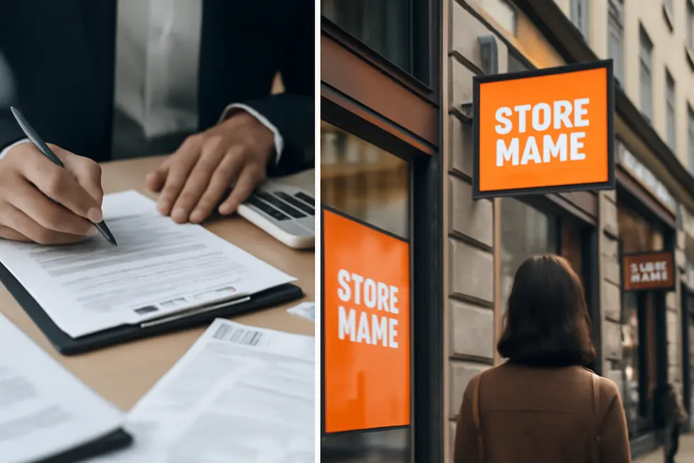 Illustration contrasting the formal legal business name with the public-facing trade name.