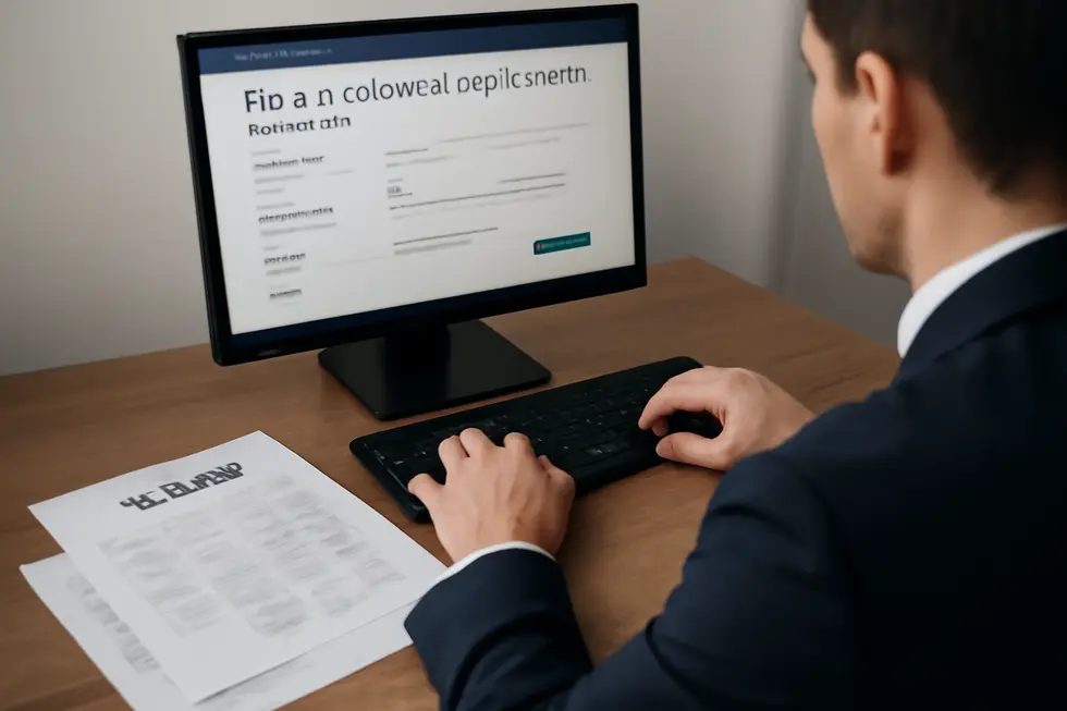 Business owner performing a comprehensive trademark search online to verify slogan uniqueness.