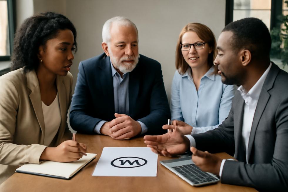 A diverse group of business people talking about trademarks, representing various industries and perspectives.