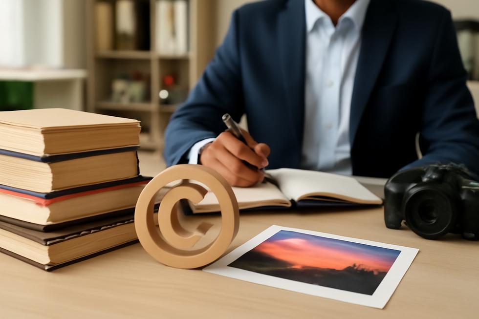 A captivating business scene depicting copyright symbols and original works intermingled.