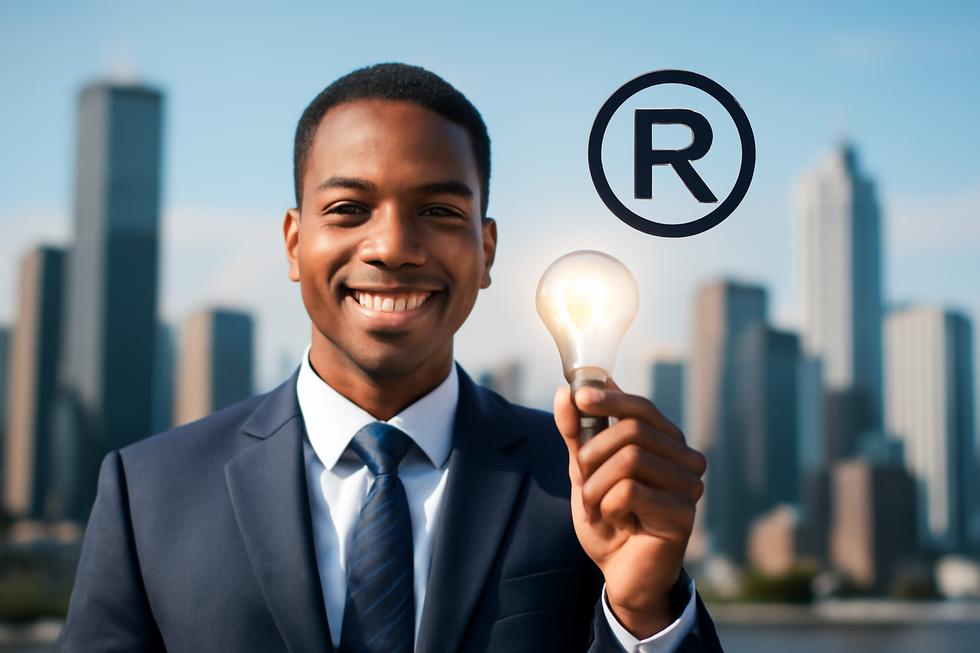 Business owner with a light bulb and trademark symbol, representing innovation and legal protection.
