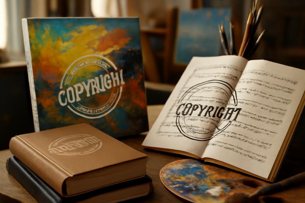 A colorful overview of creative works, including books and art, each visibly marked with copyright stamps, highlighting the importance of protection.