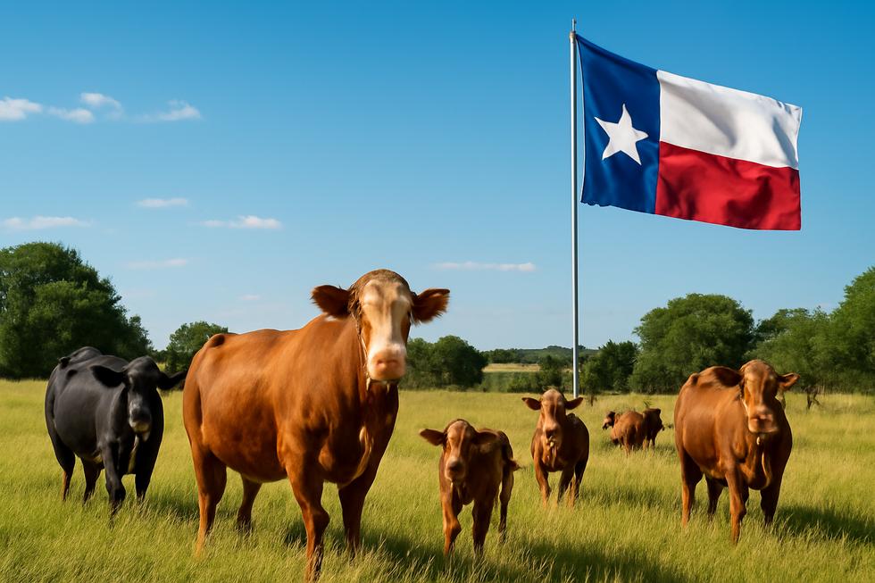 A scenic ranch landscape in Texas with cattle grazing, signifying the deep-rooted tradition of livestock branding.