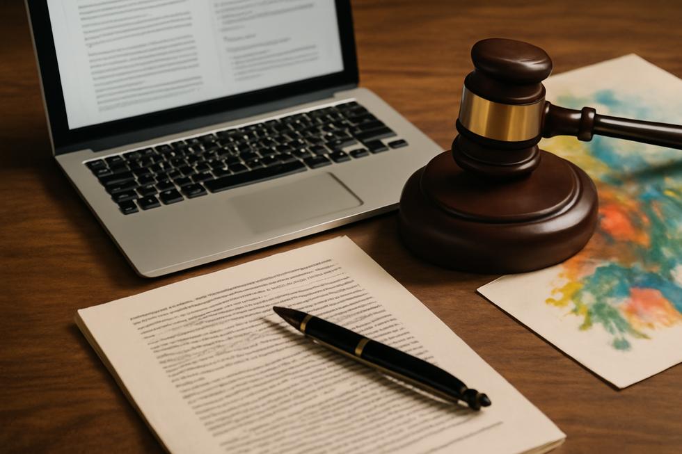 A creative workspace with elements of copywriting and copyright protection, symbolizing the relationship between marketing and legal rights.