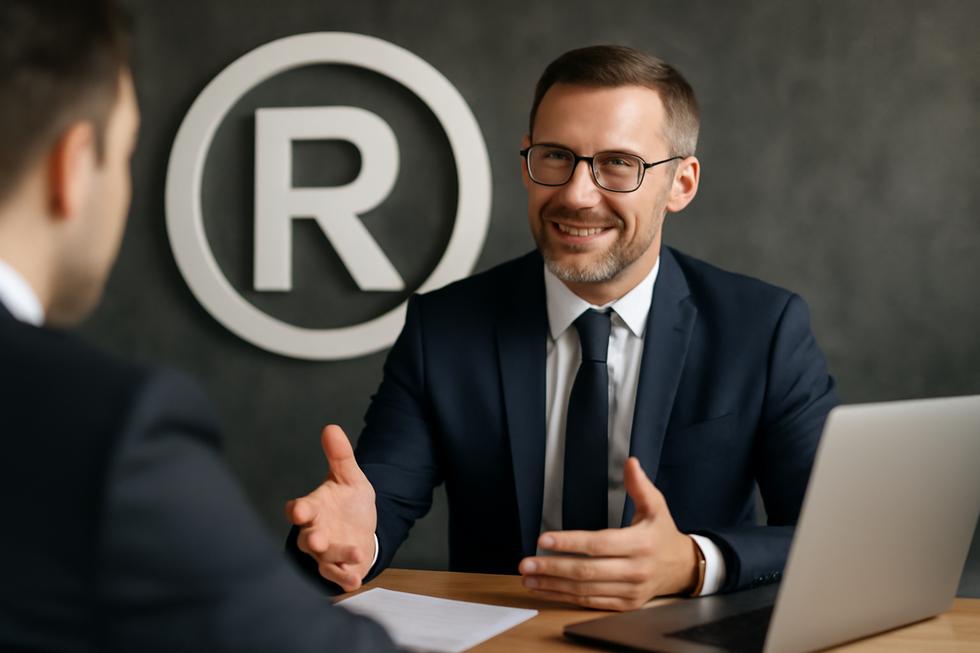 A professional discussing trademark security with trademark symbols highlighted, reflecting confidence and business integrity.