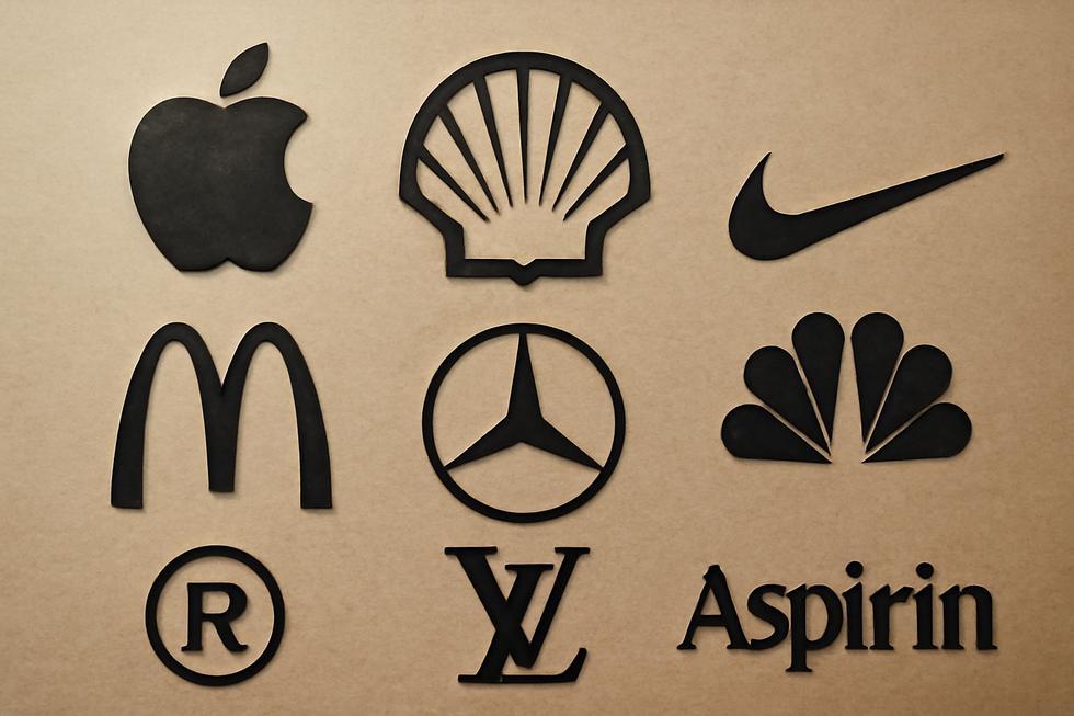 A comprehensive visual of various trademark examples from historic to modern across multiple industry sectors.
