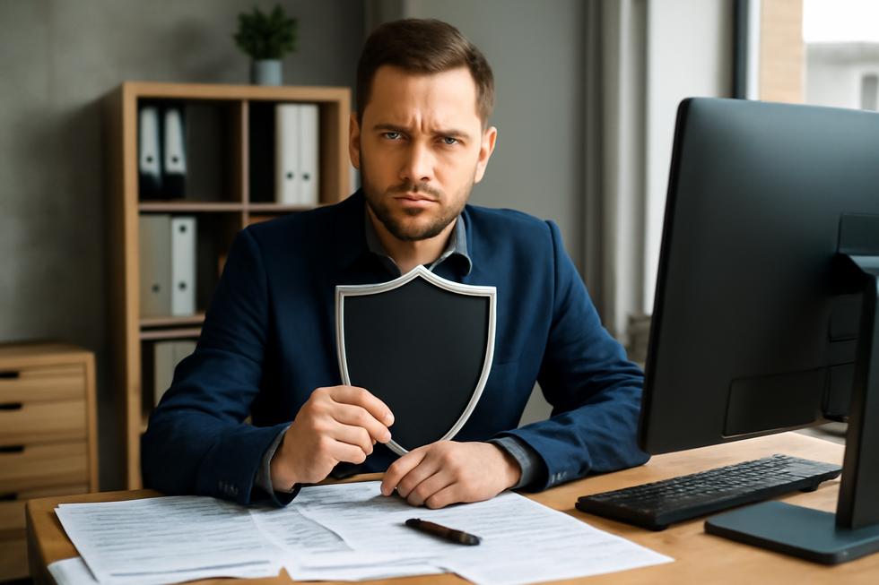 A business owner attentively protecting their brand identity while reviewing important documents at their desk.