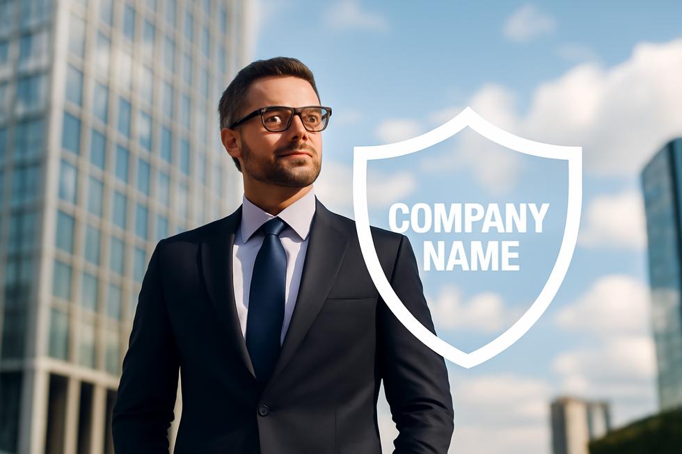 A confident business owner with a shield, symbolizing the protection of their business name.