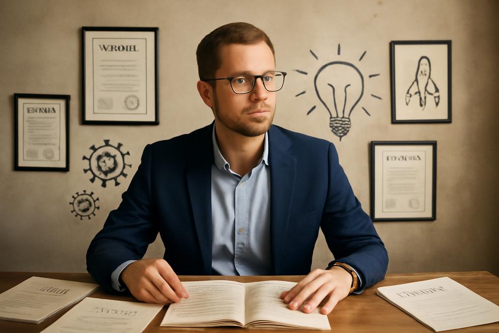 Image of a business owner surrounded by patents and trademarks, highlighting the significance of intellectual property.