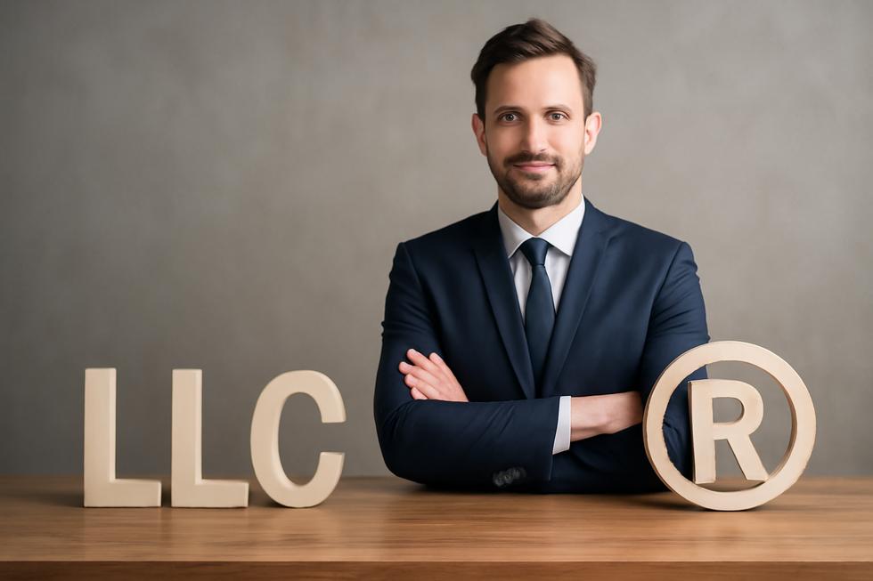 A confident business owner next to symbols representing LLC and trademark, illustrating their importance in business protection.