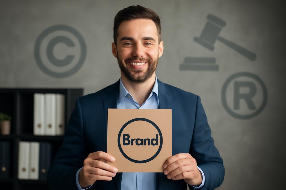 A confident business owner showcasing their brand with legal symbols in the background.