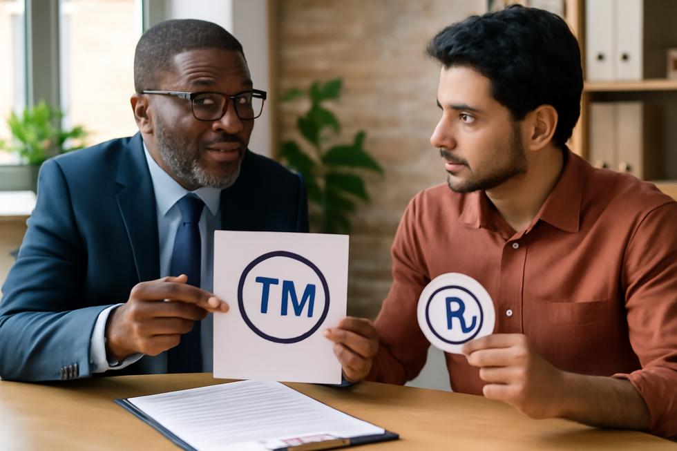 An advisor discussing trademark protection strategies with a business owner over documents related to company name registration.