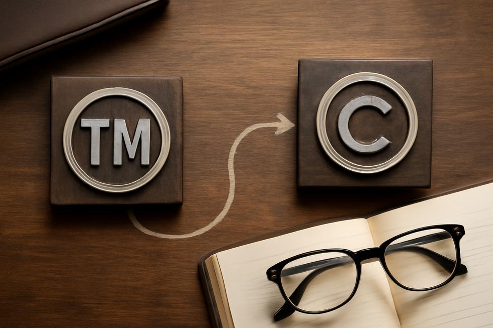 A graphic representation of the relationship between trademark and copyright symbols.