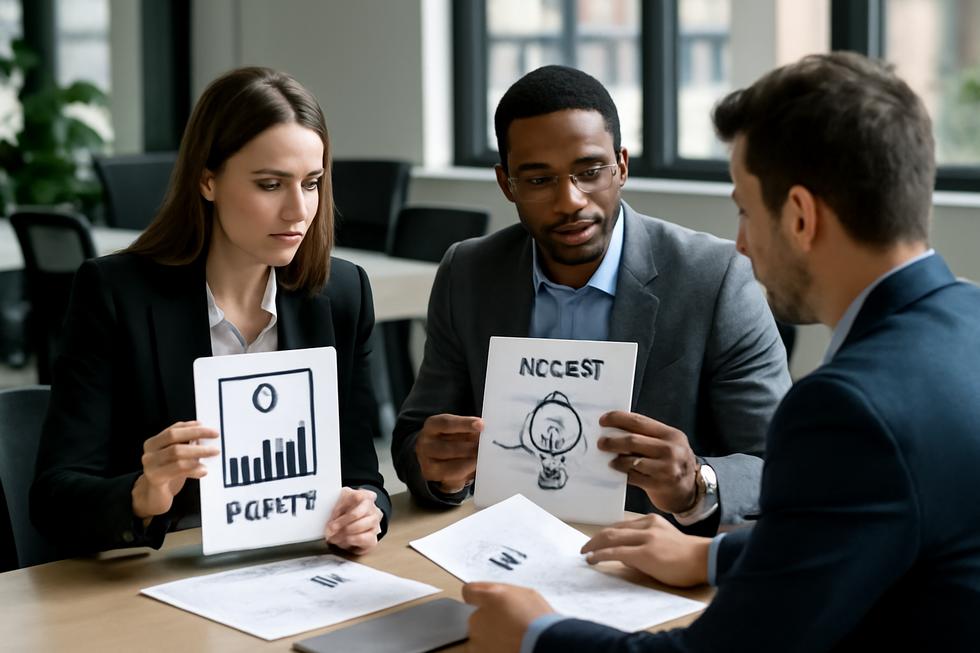 Business professionals in an office discussing intellectual property.