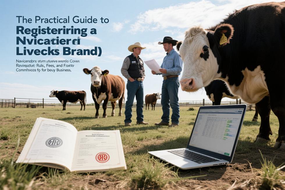 Rancher and official examine a brand registration certificate near cattle in a sunlit corral.