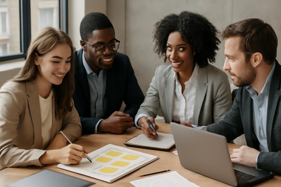 Group of business professionals collaborating on naming strategies at a workspace.