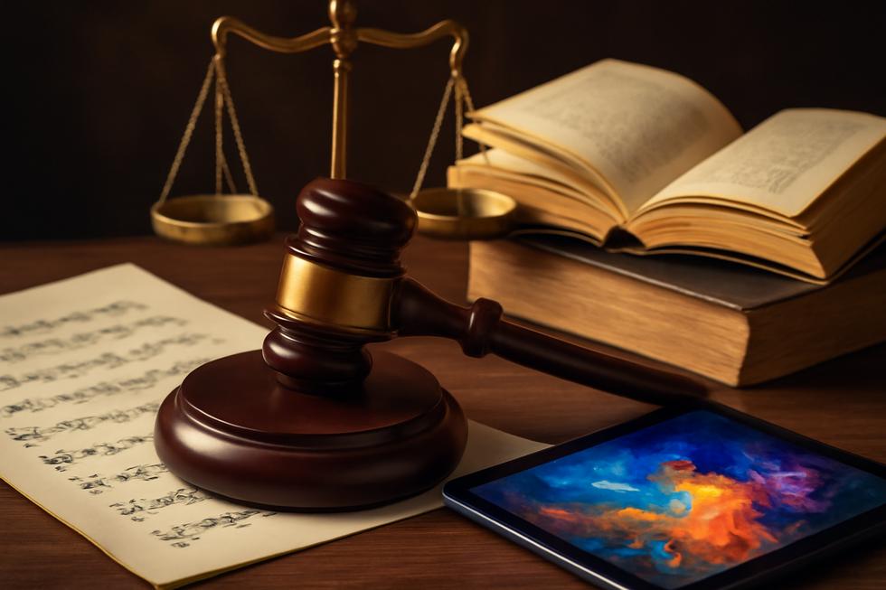 Creative artwork depicting different forms of intellectual property including music, literature, and digital art along with legal symbols.