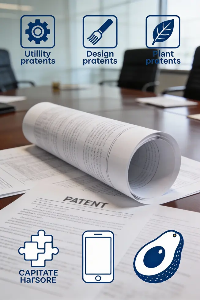 Patents protect inventions and designs; this chapter highlights types and landmark cases like design patents and cross-border issues.